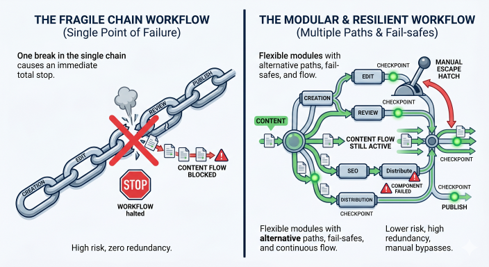 Side-by-side comparison of two content workflows: a fragile single-chain system on the left versus a resilient modular system with backup paths and checkpoints on the right.