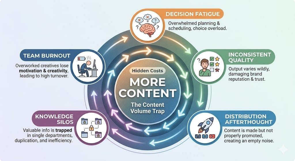 Infographic showing hidden costs of content volume trap including decision fatigue and team burnout