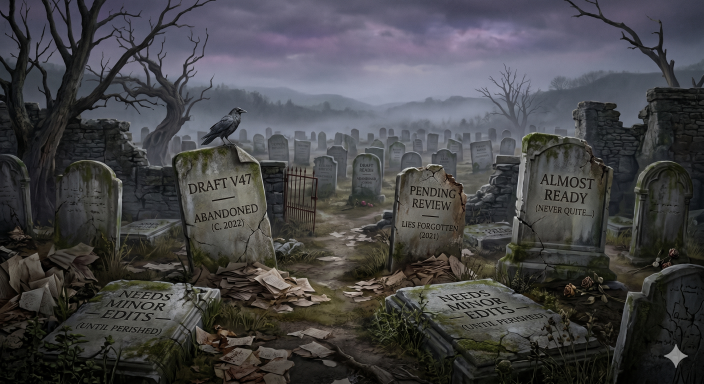 Illustration of a content graveyard with tombstones labeled with common draft statuses like "Pending Review" and "Almost Ready," representing automated content that never gets published.