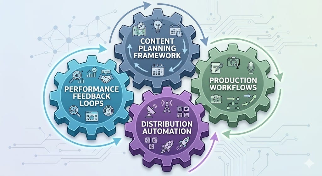 Four interconnected gears representing content planning framework, production workflows, distribution automation, and performance feedback loops
