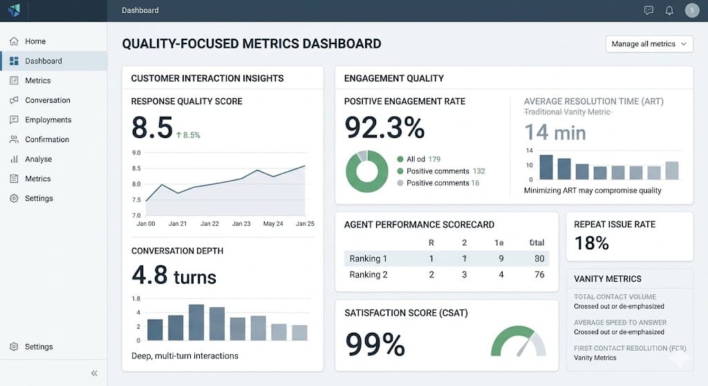 Outreach analytics dashboard showing quality metrics like conversation depth and engagement sentiment versus vanity metrics