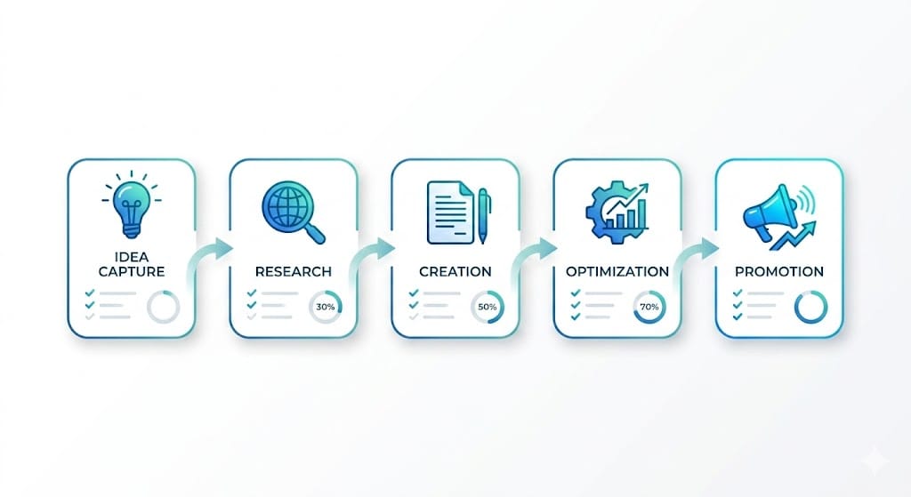 Workflow diagram showing five stages of systematic content production: idea capture, research, creation, optimization, and promotion