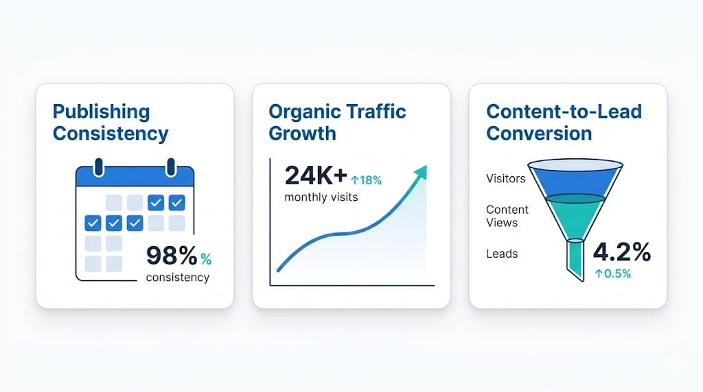 Minimal analytics dashboard displaying three content workflow metrics: publishing consistency with calendar visualization, organic traffic growth trend line, and content-to-lead conversion rate.
