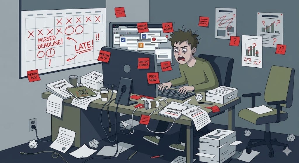 Illustration of chaotic office environment showing the stress and disorganization that results from lack of systematic content processes