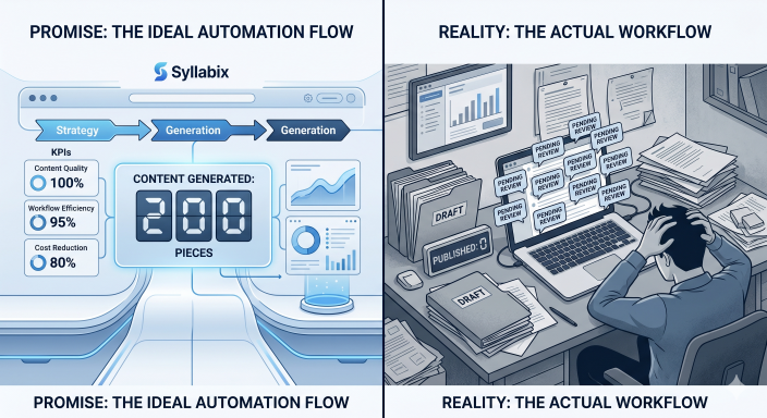 Split illustration showing polished automation dashboard with high content generation numbers on the left, contrasted unpublished drafts and pending reviews on the right.