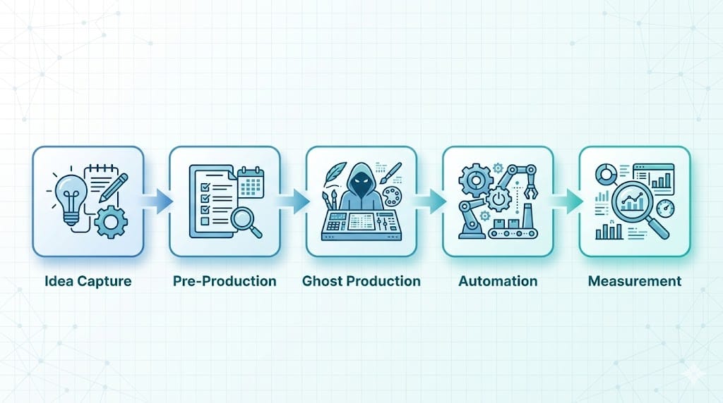 Workflow diagram showing five connected stages of the Ghost blog content process: idea capture, pre-production checklist, Ghost production steps, automation points, and measurement metrics.