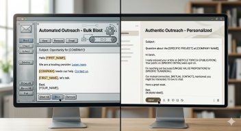 Split screen comparison of robotic automated email with template placeholders versus personalized authentic outreach email