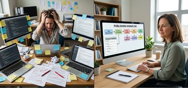 Split screen comparison of chaotic content creation versus organized publishing system workflow