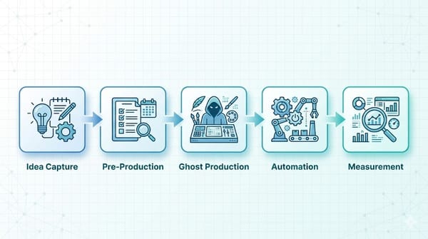 Workflow diagram showing five connected stages of the Ghost blog content process: idea capture, pre-production checklist, Ghost production steps, automation points, and measurement metrics.