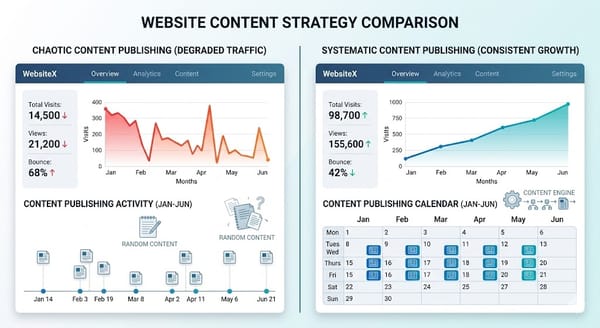 Split-screen dashboard comparison showing declining website traffic from random content publishing versus steady growth from systematic content engine